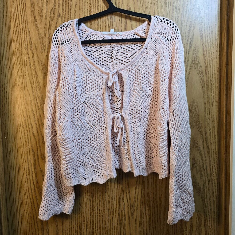 Celebrity Pink Y2K Crochet Tie Front Cardigan Bell Sleeve Top M